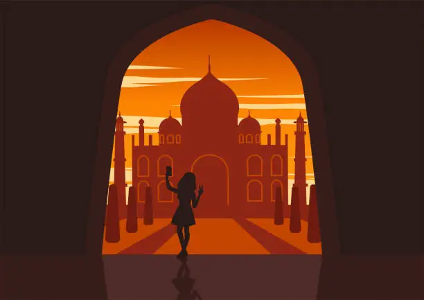 Vector illustration of People - 06 Selfie Taj Mahal