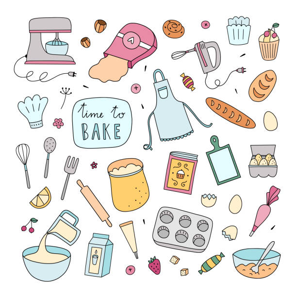 Bakery clipart. Hand drawn vector cooking and baking set of illustrations Bakery clipart. Hand drawn vector cooking and baking set of illustrations doodle stock illustrations
