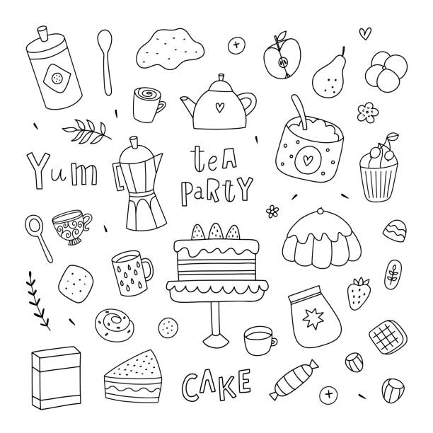 illustrazioni stock, clip art, cartoni animati e icone di tendenza di carino dolce cibo doodles su sfondo bianco. dolci vettoriali, torte e torte dolci. collezione clipart da forno - muffin coffee cartoon cake