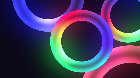 Colorful illuminating circles or torus with nice dynamic Glowing light effect, lowing torus shape, scanning rings, laser show technology, esoteric energy, ultraviolet spectrum, 4k , 3d render.