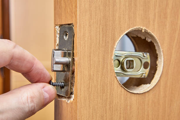istock Assembly of door handle and installation lock with latch. 1300109229