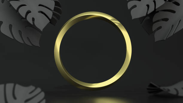 Golden circle frame on black background with monstera leaves. 3D Illustration stock photo
