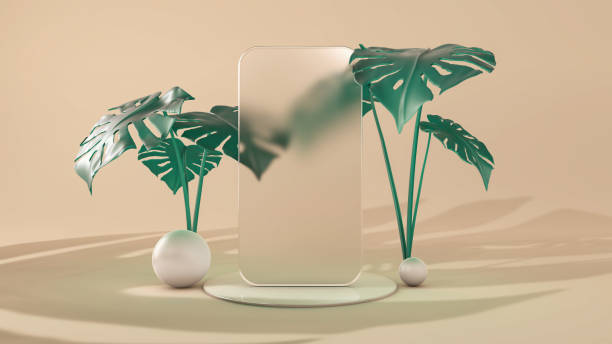 Frosted glass frame of a phone template application on podium. 3D Illustration stock photo