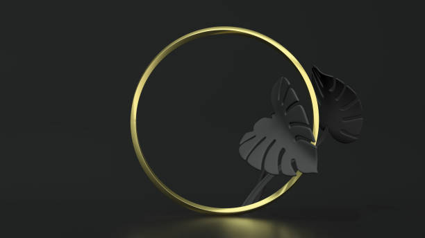 Golden circle frame on black background with monstera leaves. 3D Illustration stock photo
