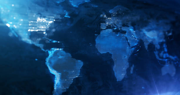 blue world map hintergrund - global wirtschaft, nachrichten und medien, finanzen und wirtschaft - text global communications earth globe stock-fotos und bilder