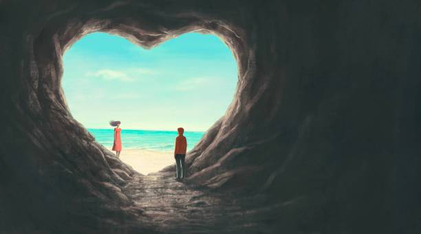 Love concept art , man and woman  in heart cave with the sea, surreal landscape, fantasy illustration Love concept art , man and woman  in heart cave with the sea, surreal landscape, fantasy illustration backgrounds multi colored water mystery stock illustrations