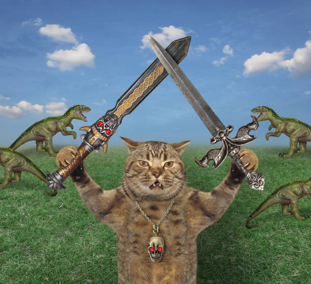 istock Cat with two swords near rexes 1300116078