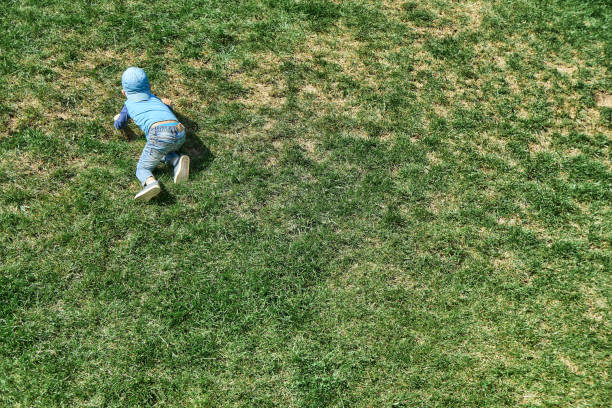 istock Playful boy goes up steep hill covered with lush grass 1300119859