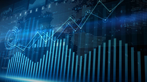 디지털 데이터 금융 투자 동향, 차트와 주식 번호가 있는 금융 비즈니스 다이어그램은 시간이 지남에 따라 이익과 손실을 동적으로 보여주는 비즈니스 및 금융. 3d 렌더링 - stock exchange 이미지 뉴스 사진 이미지