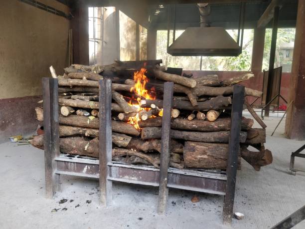 Human remains can barely be seen as the wood fire burns during the common ritual of cremation Human remains can barely be seen as the wood fire burns during the common ritual of cremation widely practiced throughout India burned corpse stock pictures, royalty-free photos & images