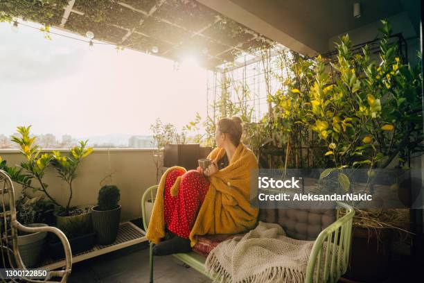 A Hot Cup Of Tea On A Cold Sunny Morning Stock Photo - Download Image Now - Morning, Balcony, Winter