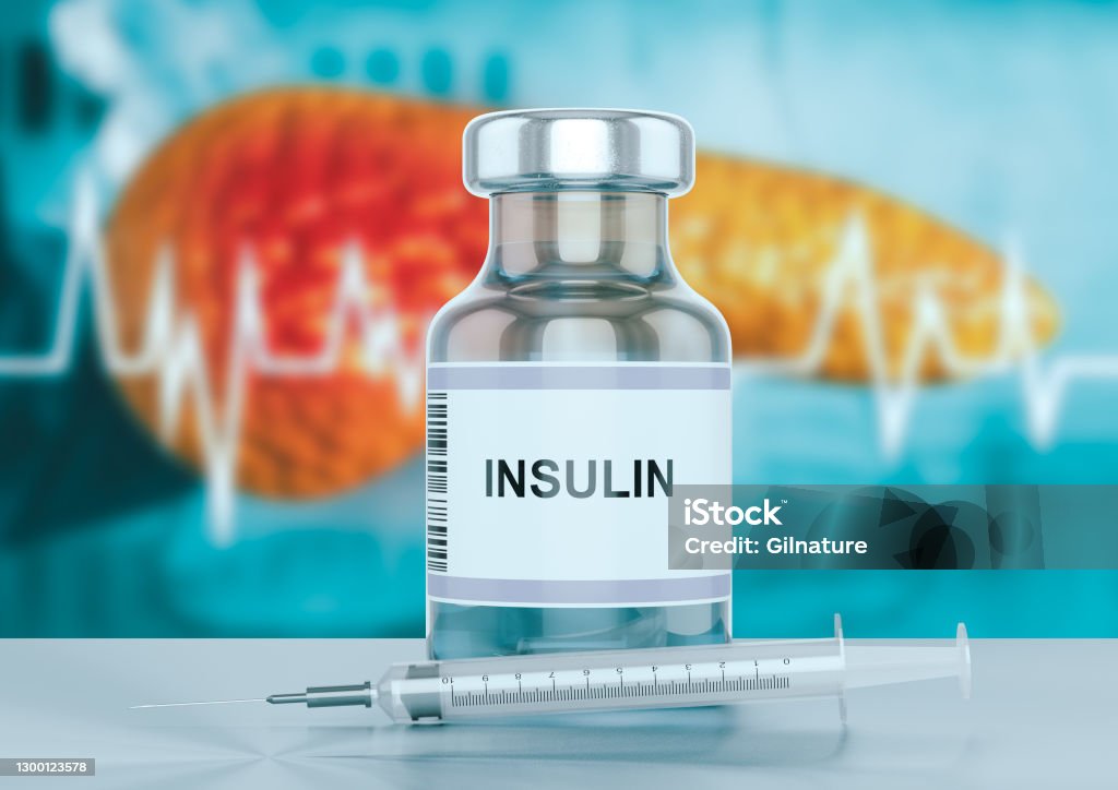 Insulin vial and a syringe on the hospital bench with pancreas in the background Insulin vial and a syringe on the hospital bench with pancreas in the background. 3D rendering Insulin Stock Photo