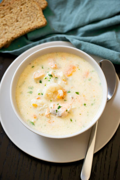istock Creamy seafood chowder 1300125011