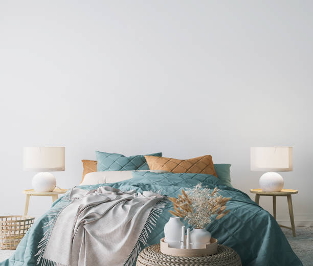 istock Scandinavian bedroom design, empty wall mockup in white background 1300125255