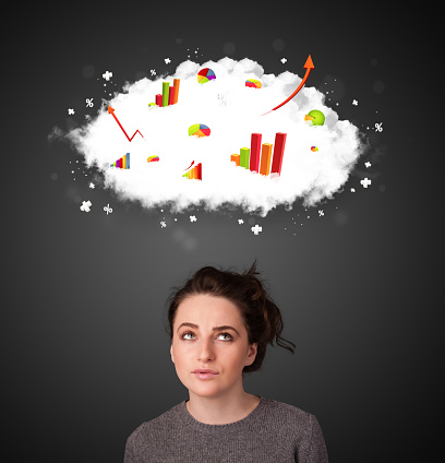 Thoughtful young woman with cloud and charts concept
