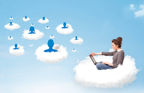 istock Young woman sitting in cloud with laptop 1300129799