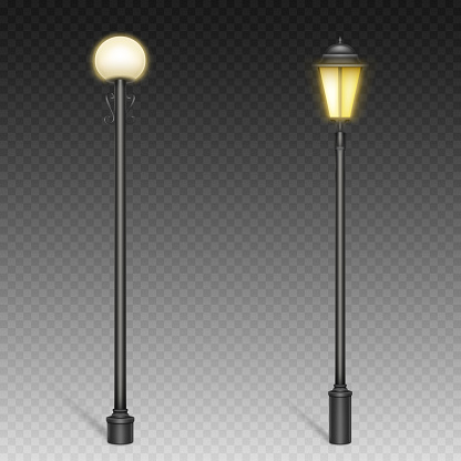 Vintage street lights, retro lampposts on steel poles for urban lighting. City architecture design objects with luminous yellow lamps isolated on transparent background, realistic 3d vector mockup