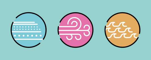 Climate icon designs in different modern colors in round. Earth icon in blue, wind in open hat, sea wave in orange. Different modern design language line art. mistral wind stock illustrations