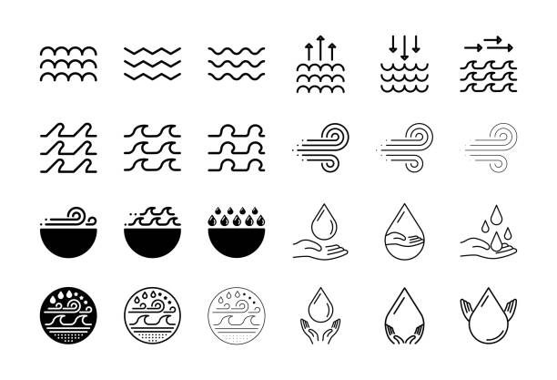 Set of 24 icon designs with the same and different line Such as different sea waves, water wind and climate. Logo design, websites and designs. mistral wind stock illustrations