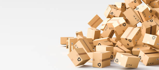 Cardboard boxes on white background with empty copy space on left side, logistics and delivery concept stock photo