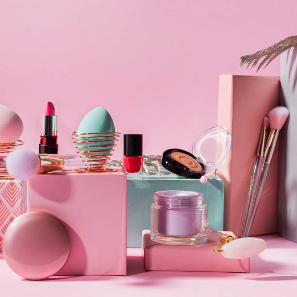istock Make up tools, products on geometric podiums on pink 1300132544