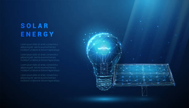 전구가 있는 추상적인 파란색 태양전지 패널 - solar power station solar panel sun house stock illustrations
