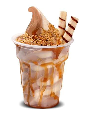 Sundae ice cream with caramel syrup in cup on white background. Ice Cream