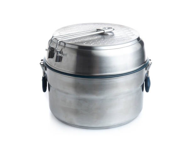 istock Aluminum pot for camping outdoor on white isolated background 1300134093