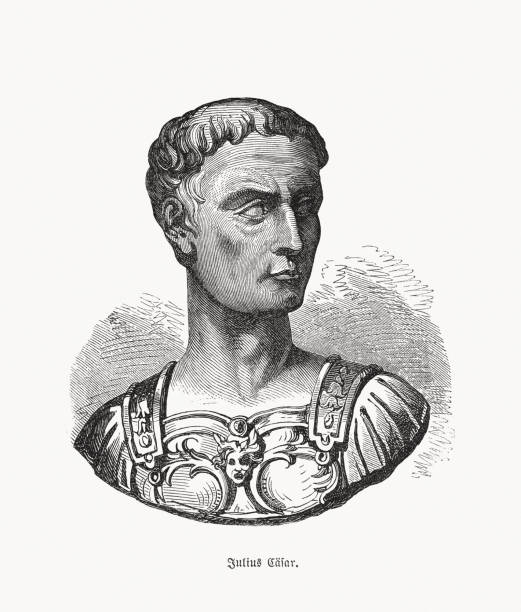 Julius Caesar (100 BC-44 BC), Roman statesman, woodcut, published 1893 Gaius Julius Caesar (100 BC - 44 BC) - Roman statesman, general and author who contributed significantly to the end of the Roman Republic and was therefore involved in their subsequent transformation into an empire. Wood engraving after an ancient bust in the Musée du Louvre, Paris, France, published in 1893. julius caesar bust stock illustrations