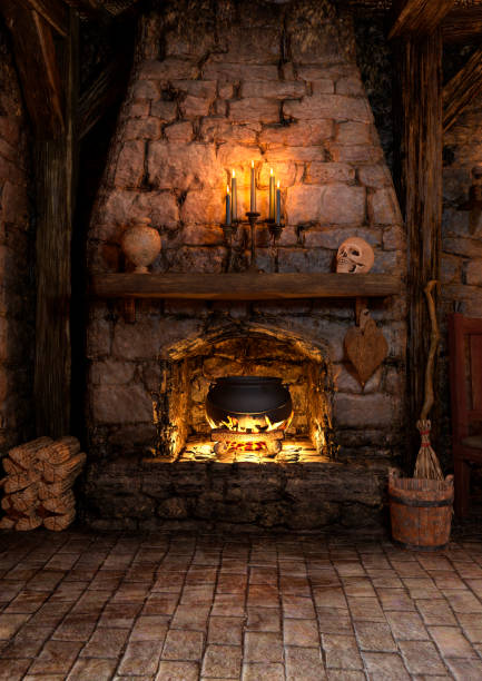 3D illustration medieval fairy tale cottage 3D rendering of a medieval fairy tale cottage interior haunted house stock pictures, royalty-free photos & images