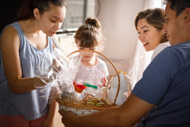 Family opening easter basket