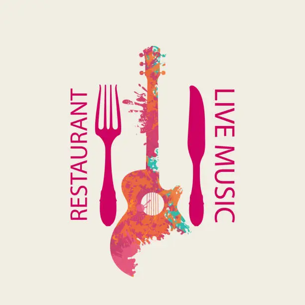 Vector illustration of menu for music restaurant with guitar and cutlery