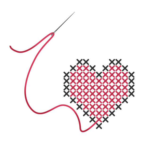ilustrações de stock, clip art, desenhos animados e ícones de cross-stitch. red with a gray heart, embroidered with a cross. needle and thread. cross-stitch and smooth embroidery. - thread needle sewing red