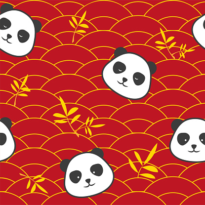 Panda Seamless Pattern Vector Cute Happy Panda Faces Illustration Red And Gold Chinese Style Panda Seamless Pattern Vector Cute Happy Panda Faces Illustration Red And Gold Chinese Style