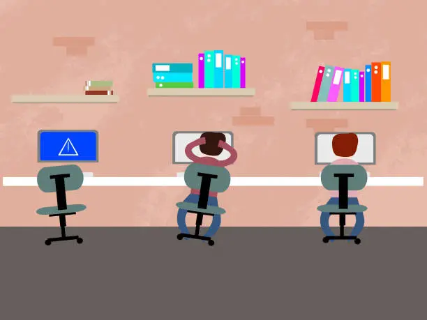 Vector illustration of people working in an office with a bar and computers