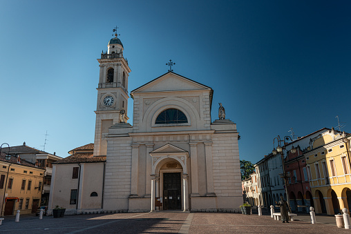 Brescello, Italy - 13.08.2017: Church of Santa Maria Nascente on Piazza Matteotti in Brescello, the Parish of the famous Movie Character Don Camillo created by Giovannino Guareschi.