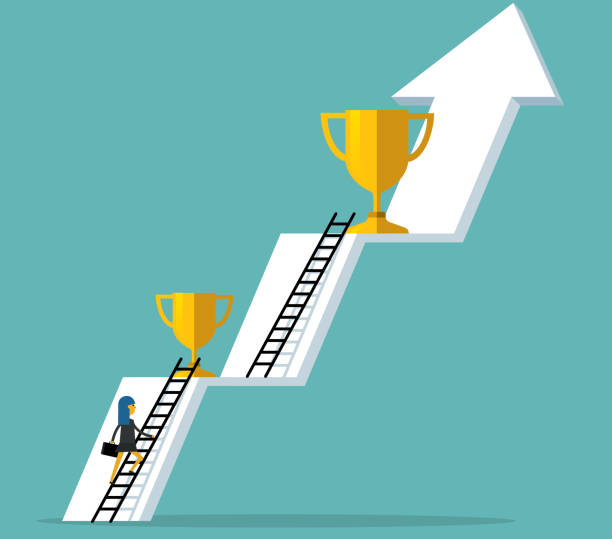 трофей - бизнесвумен - businesswoman winning competition staircase stock illustrations