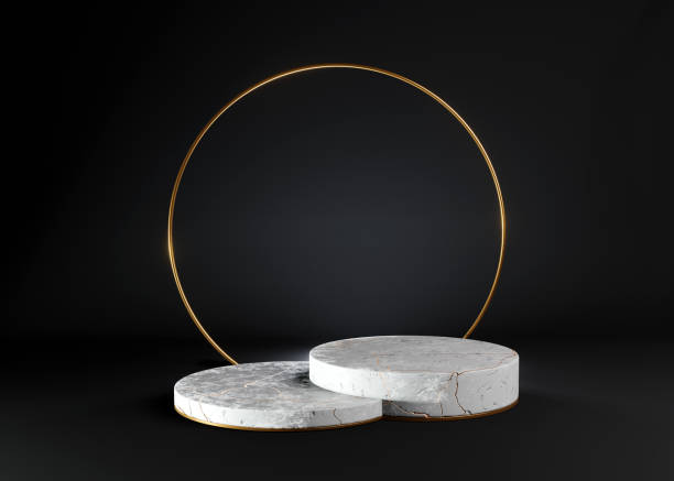 istock 3d render illustration of black and white marble podium on black background 1300148516