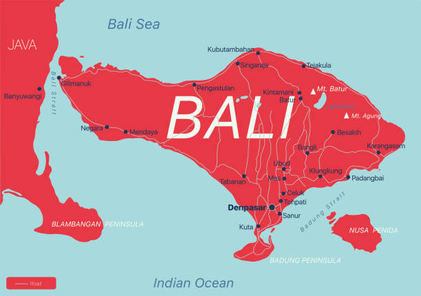 bali kraj szczegółowa edytowalna mapa - bali cartography map island stock illustrations