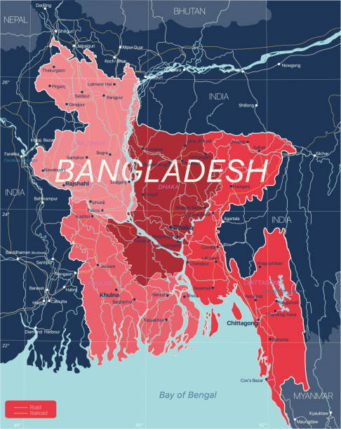 Bangladesh country detailed editable map Bangladesh country detailed editable map with regions cities and towns, roads and railways, geographic sites. Vector EPS-10 file brahmaputra river stock illustrations