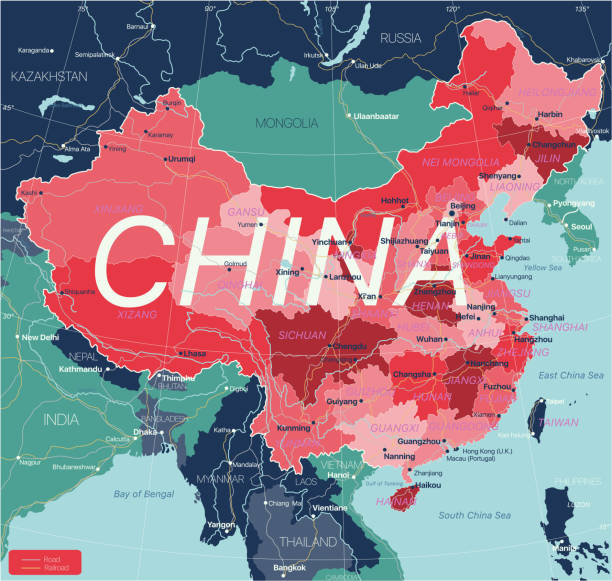 China country detailed editable map China country detailed editable map with regions cities and towns, roads and railways, geographic sites. Vector EPS-10 file west china stock illustrations