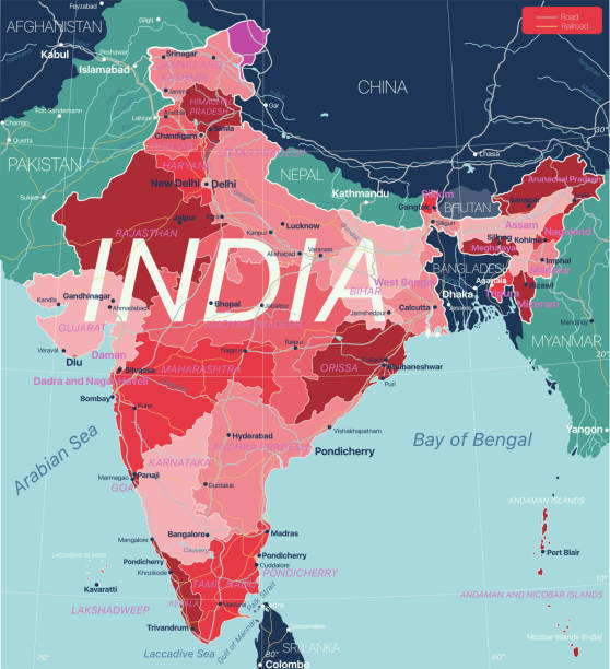 индия страна подробная редактируемая карта - india capital cities new delhi map stock illustrations