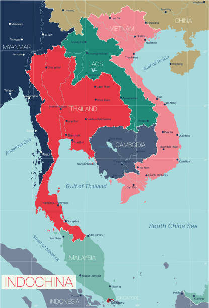 인도차이나 상세한 편집 가능 지도 - silhouette cartography singapore map stock illustrations