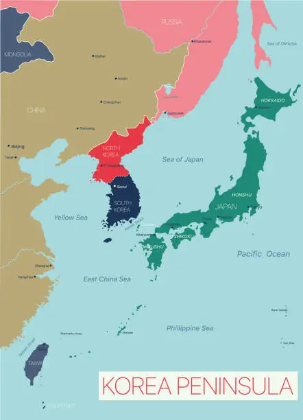 Vector illustration of Korea peninsula detailed editable map