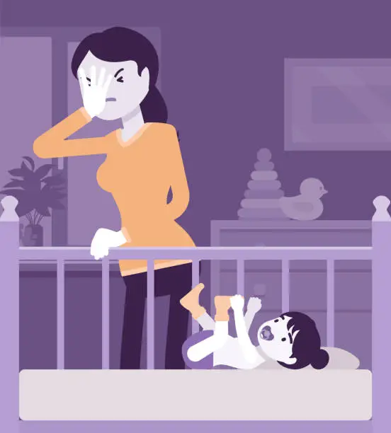 Vector illustration of Postpartum depression, mum feeling sad, fatigued, baby blues symptoms