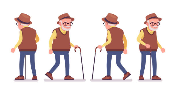 Old man, elderly person with walking cane. Senior citizen, retired grandfather wearing glasses, old age pensioner, lonely grandpa. Vector flat style cartoon illustration isolated on white background