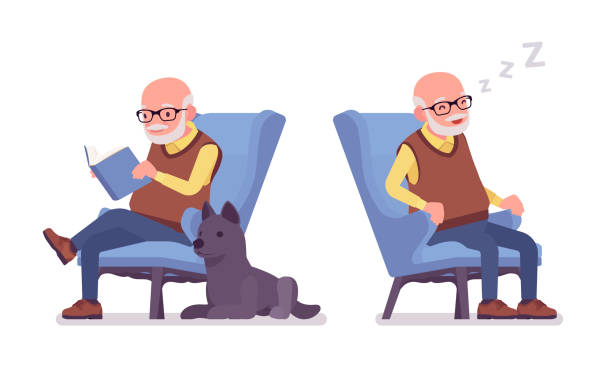 Old man, elderly person resting in armchair, sleeping, reading book Old man, elderly person resting in armchair, sleeping, reading book. Senior citizen, retired grandfather in glasses, old pensioner. Vector flat style cartoon illustration isolated on white background senior dog stock illustrations