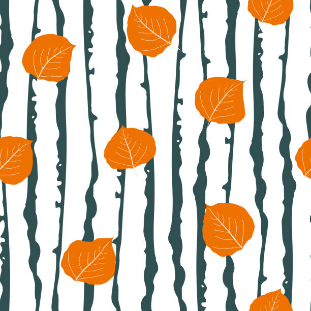 Orange aspen leaf forest seamless vector pattern background. Beautiful hand drawn leaves in fall colors on backdrop of sea green and white tree bark. Woods in painterly style. Elegant all over print. Orange aspen leaf forest seamless vector pattern background. Beautiful hand drawn leaves in fall colors on backdrop of sea green and white tree bark. Woods in painterly style. Elegant all over print aspen leaf stock illustrations