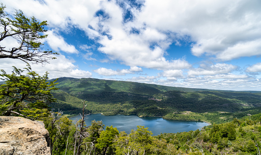 Elevated view of Malleco lake at Tolhuaca National Park in La Araucanía region, southern Chile