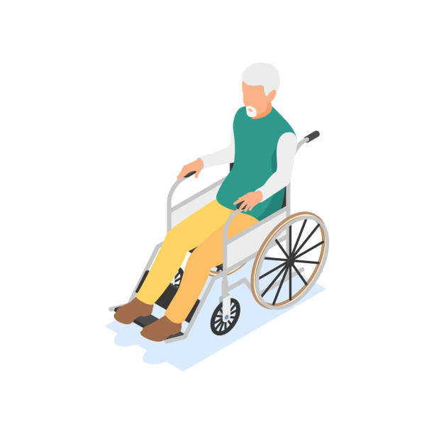дедушка сидит в инвалидной коляске. пожилой человек изолирован на белом фоне. - wheelchair senior men senior adult white background stock illustrations